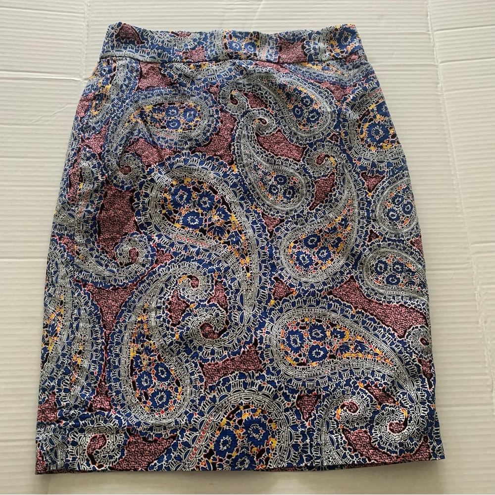 J. Crew Blue Paisley Pencil Skirt with Pink and Yellow Accents